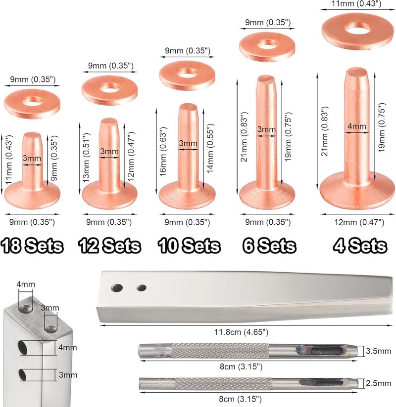 Notgia 50Sets Copper Rivets Assorted Leather Rivet Kit for Leather Working Brass Rivets with Solid Rivet Tool Setter for Repair and Decorate Belts Handbags Wallets Collars Shoes Clothing Bracelets - Image 2